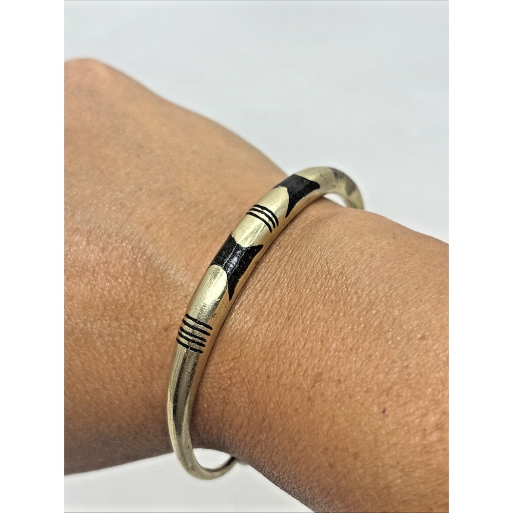 Vintage Tuareg African Brass Black Inlay Oval Cuff Bracelet Gold MCM Geometric
